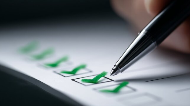 A close-up of a pen marking checkboxes on a paper. The green ticks symbolize completion and success. This image is great for productivity themes and office related content. AI.