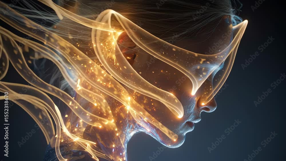 Poster golden particles and energy mysteriously flowing and swirling around a serene woman's head, creating
