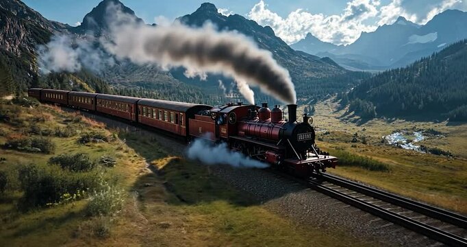 Video of a vintage steam train traveling through a mountain valley with lush green foliage and rugged peaks under a bright blue sky