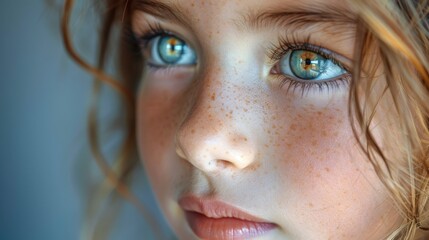 A captivating close-up portrait of a young girl with striking blue eyes and a freckled face, radiating innocence and the beauty of youth in natural lighting.