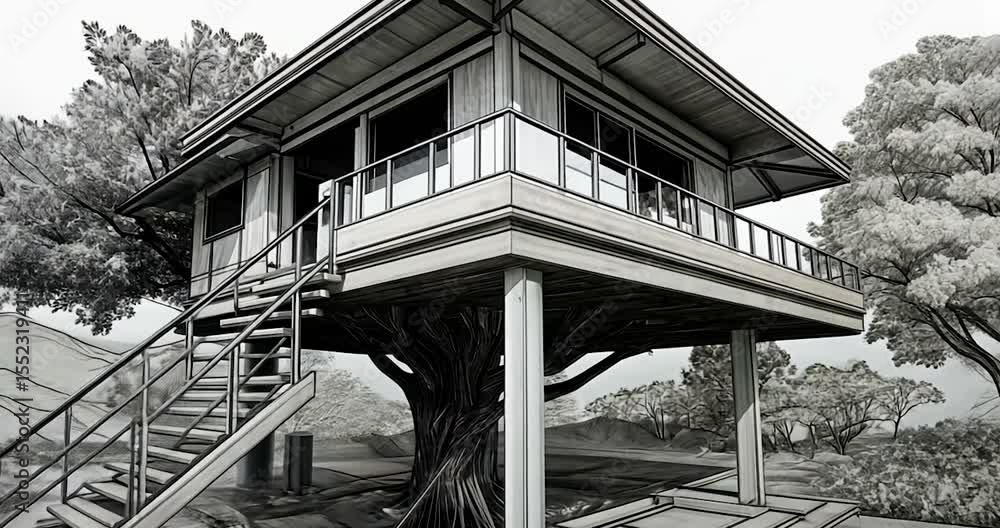 Poster a video of a pen and ink architectural rendering featuring a treehouse structure elevated on a singl