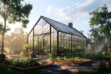 Obraz premium Sustainable Glass Greenhouse in Lush Morning Garden