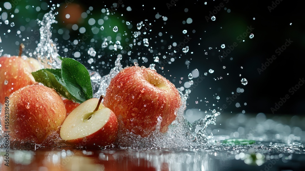 Poster a dynamic, high-speed shot that captures red apples splashing into water, highlighting freshness and