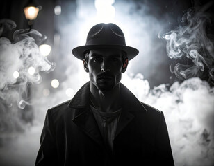 Mysterious man in hat surrounded by smoke and light