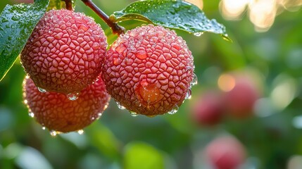 Obraz premium Ripe Lychees Hanging on Tree Branch in Morning Light