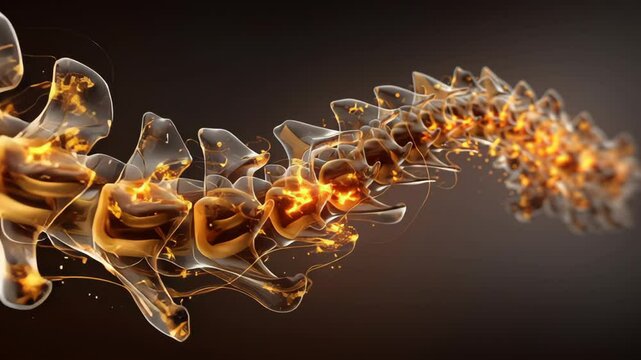 Luminous golden energy streaming through transparent human spine, visualizing inner vitality and biological wellness against dark backdrop