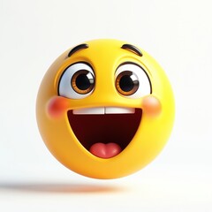 Fototapeta premium Joyful yellow emoji with wide eyes, open-mouth smile on white background. Cheerful face radiates positive vibes expressing fun emotions, happiness, delight, surprise, joy. Ideal for app, social