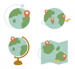 World Travel and Map Elements – Flat Vector Icons of Globe, Earth, Airplane and Location Pins
