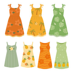 Hawaiian Summer Dress Vector Set – Tropical Pattern Dresses with Floral, Palm Tree, Pineapple and Monstera Prints