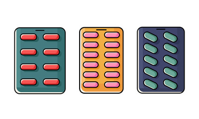 Set of different blister and capsule pack isolated on white background. Medical vector illustration of packing tablets. Capsules of different colors. Painkillers, antibiotics, vitamins, aspirin, drug