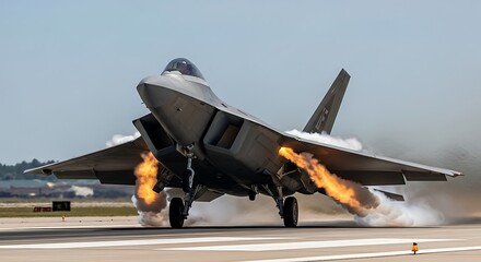 F-22 Raptor Stealth Fighter Jet Afterburner Takeoff