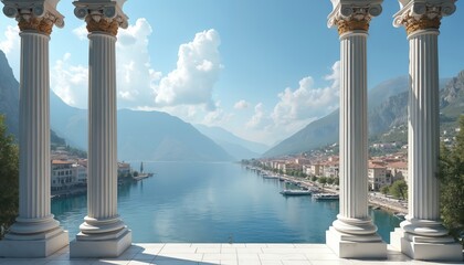 Classical columns frame scenic waterfront town, mountains. White pillars, ornate architecture, Italian or Greek inspired design, travel vacation background, sunny day, historical landmark.