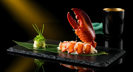 Elegant Lobster Dish Presented On Slate Plate With Black And Gold Cup