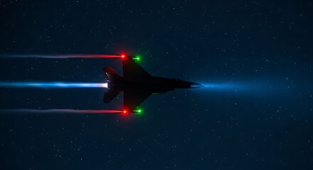 Night Flight Fighter Jet with Navigation Lights in Dark Skies