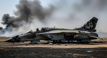 Destroyed Military Aircraft Amidst Smoke and Fire Aftermath of Conflict