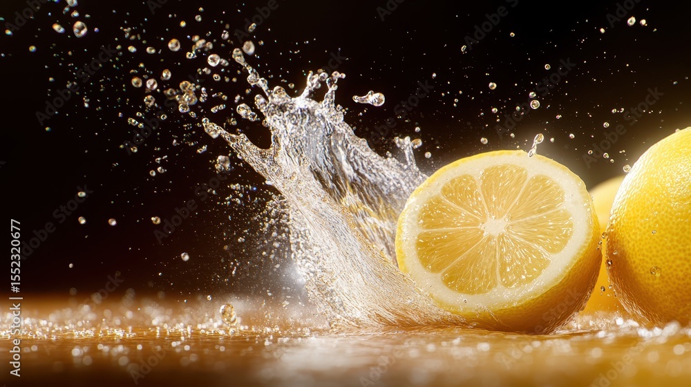 Poster this captivating image features fresh lemons splashing into clear water, showcasing vibrant colors a
