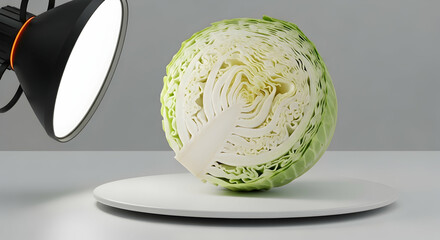 Fresh Cabbage Head Cut In Half On White Plate With Studio Lighting