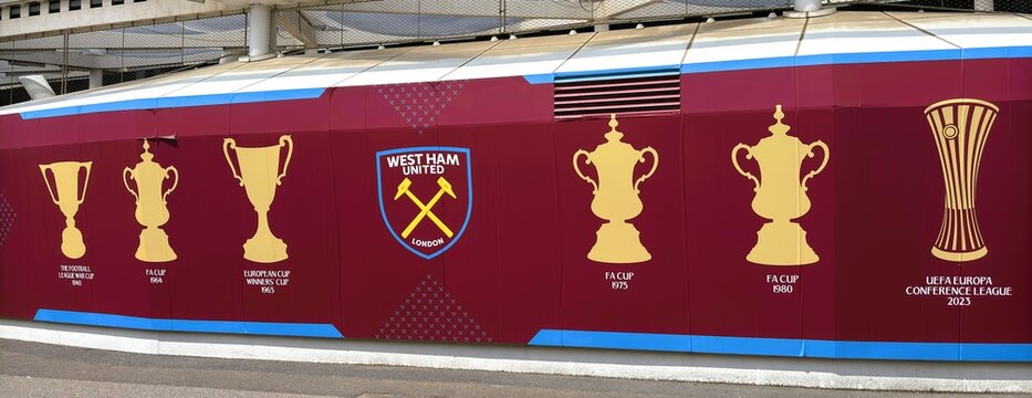 London, UK - May 31, 2025: London Stadium West Ham United Title Wall