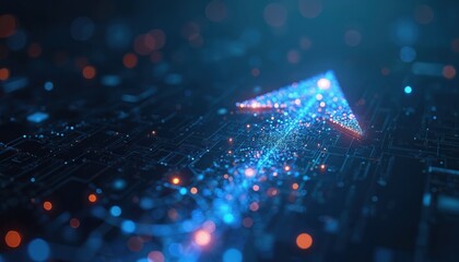 Digital blue arrow points forward, on tech background. Modern graphic design concept, represents growth, progress, tech innovation, cyberspace movement, cyber security. Data flow, business success,