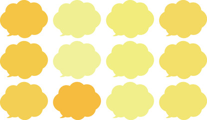 All the bubbles have a distinctive, rounded, cloud-like, or scalloped edge design. This vector image features twelve speech bubbles.　Yellow and orange color.
