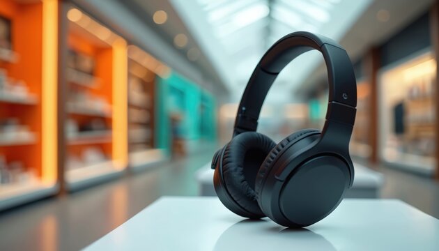 Sleek black headphones positioned on white surface. Modern audio tech, premium design for music listening. Sale store promotion, consumer electronics shopping, audio accessories.