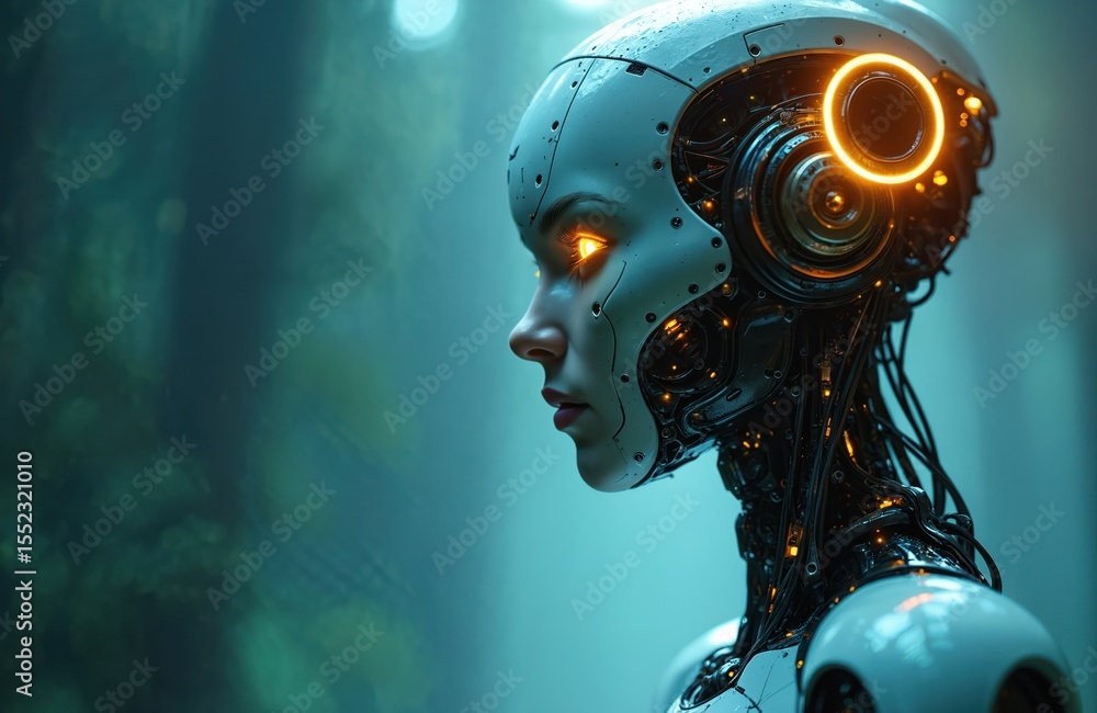 Aufkleber futuristic cyborg woman profile. glowing eyes, advanced tech design. illustration shows ai robot hea