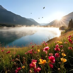 sunrise over alpine lake in Italy