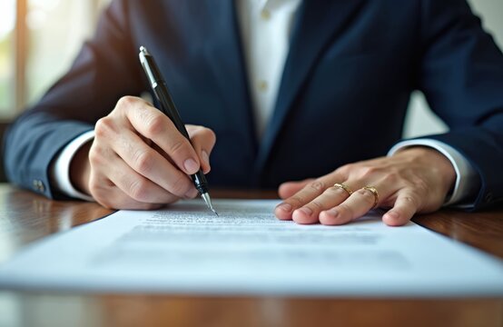 Businessman signing contract with pen. Legal documents, contract approval, signature confirmation, agreements, warranty certificate, paperwork. Business manager hand, office workplace. Successful