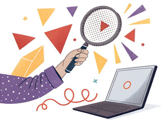 Illustration of a hand holding a magnifying glass over a video play button near a laptop screen