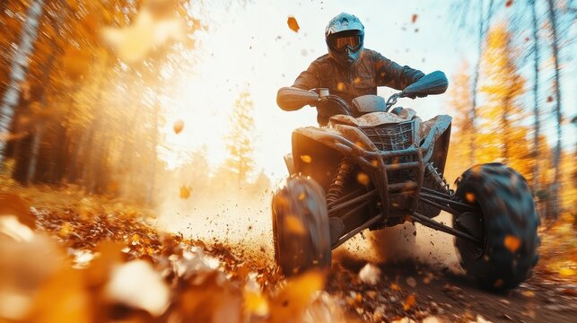 A thrilling rider races an ATV through a colorful autumn landscape, capturing the excitement of outdoor adventure and the beauty of nature during fall.