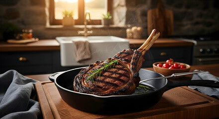 Perfectly Seared Tomahawk Steak in Cast Iron Pan on Wooden Board