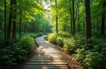 Fototapeta premium Scenic wooden trail winds through rich green forest. Boardwalk path leads to adventure. Trees frame pathway, create natural beauty. Sunlight streams. Eco-friendly. Perfect for hiking, outdoor travel.
