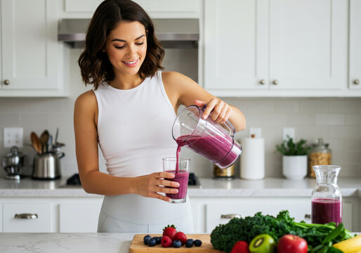 Young woman making detox smoothie at home. Woman pouring smoothie to glass