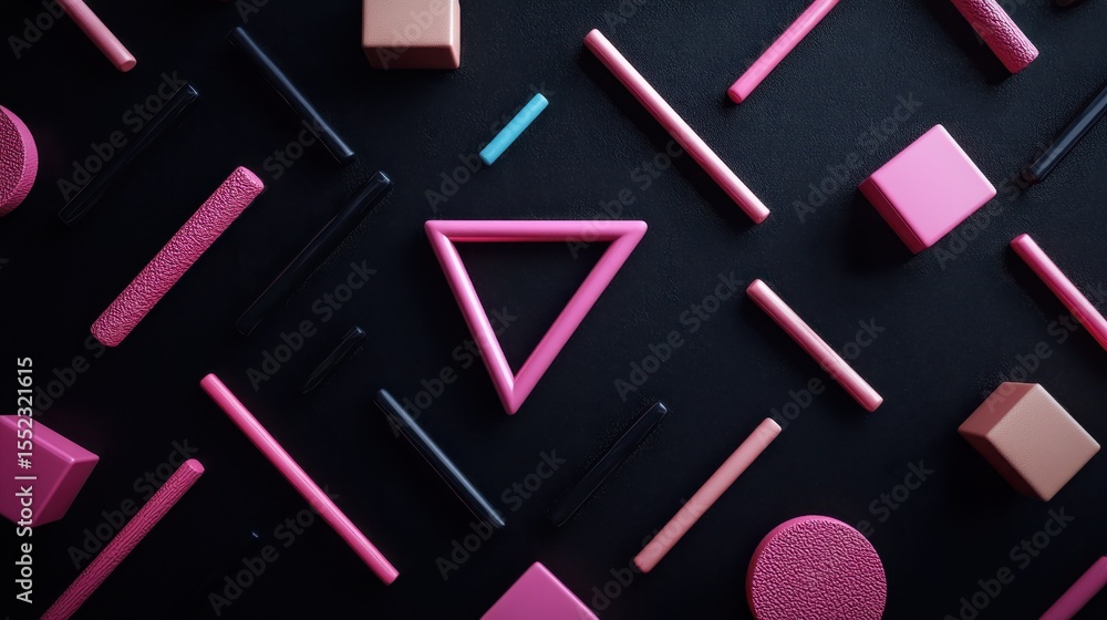 Poster an artistic arrangement of colorful geometric shapes on a dark background, emphasizing creativity th