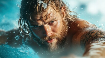 Captured in action, this close-up image of a strong swimmer reveals intense focus and determination, with water droplets adding a dynamic element to the powerful scene.
