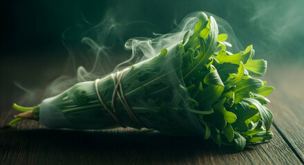 Smoldering Bundle Of Arugula Enhancing Sensory Experience On Wooden Surface