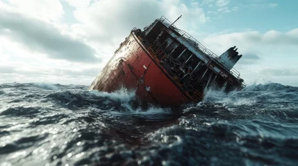 Rolgordijnen A distressed ship tilts dramatically in turbulent ocean waters, depicting the chaos and unpredictability of nature's force against man's engineering. © svastix