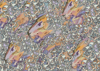 Wild animal motifs with linear elements for fabrics or textiles. Colorful chaotic wildlife for carpets, covers, scrapbooking, tiles, fashion trends, batiks, wallpapers, backgrounds and textures, etc.