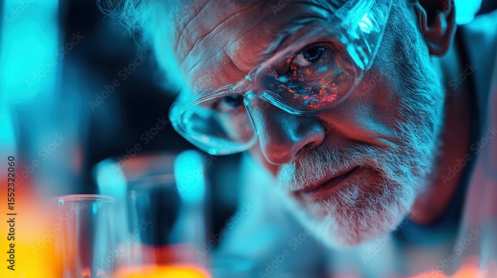 Poster an intense scientist scrutinizes their experiment through glasses in a vibrant laboratory, emphasizi