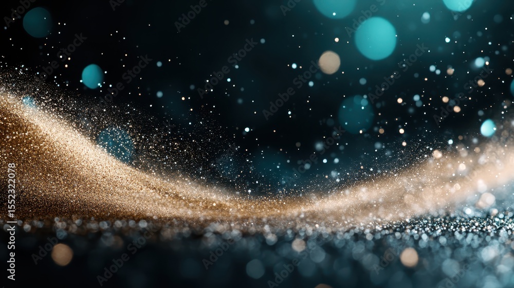 Poster sparkling golden and teal particles swirl gracefully against a dark backdrop, creating an abstract r