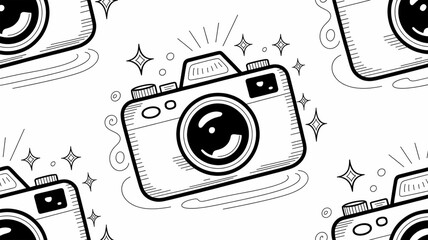 Seamless Vintage Camera and Film Roll Pattern Background in Black and White Line Art Style with Sparkles