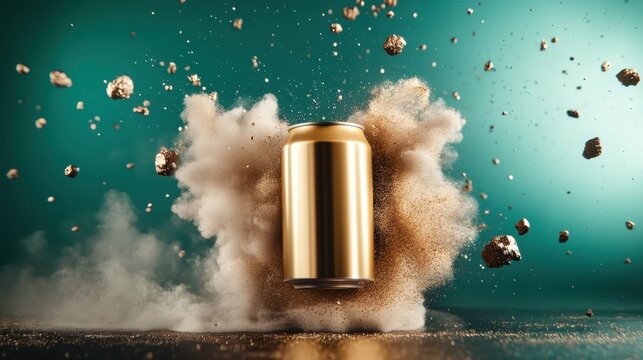 A suspended golden can is dramatically emerging from a burst of dust and debris, symbolizing energy and excitement, perfectly suited for branding in energetic and explosive contexts.