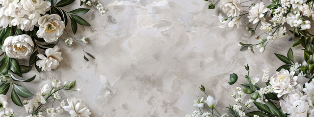 Light grey wedding background, white peonies, greenery, elegant flat lay with space.