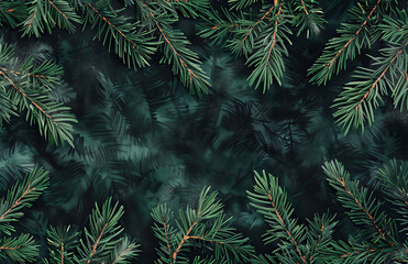 Spruce branches on dark, green fir texture, Christmas top view, New Year design style.