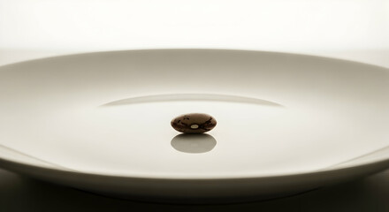 Single Pinto Bean On White Plate Represents Frugality And Minimalist Diet