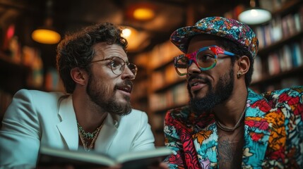 Two fashionably dressed men engage in a lively discussion while sitting in a cozy library filled with books, showcasing creativity and connection through shared interests.