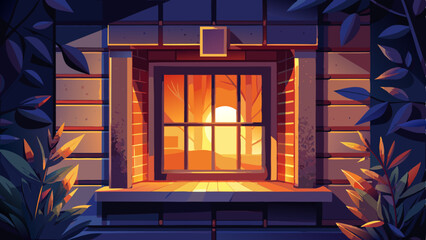 Glowing Window: An inviting square window emits a warm, inviting light, contrasting against the dark exterior, hinting at the cozy ambiance within.