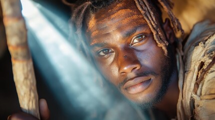 An intense portrait of a young man surrounded by a soft light emanating from behind, creating a dramatic effect and evoking emotions of resilience and strength.