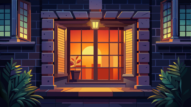 Glowing Window: An inviting square window emits a warm, inviting light, contrasting against the dark exterior, hinting at the cozy ambiance within.