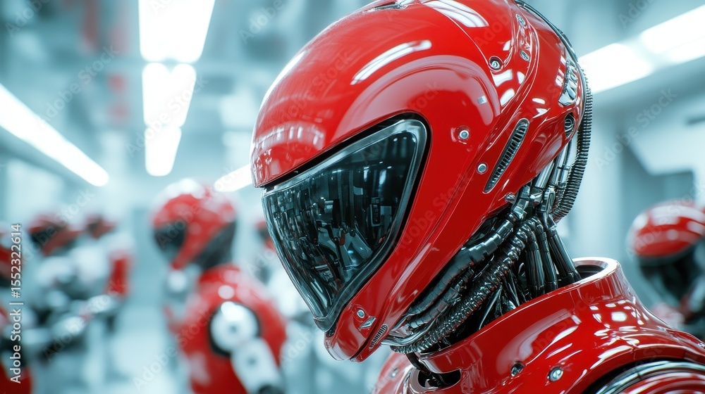 Poster a striking image of a sleek red robot with a shiny helmet standing among other robots, showcasing ad